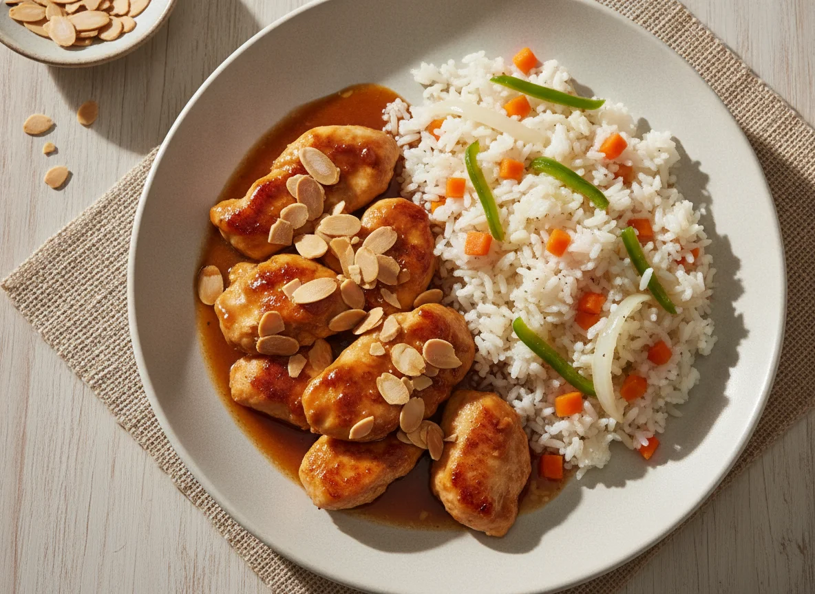 Pollo con almendras y arroz tres delicias photo
