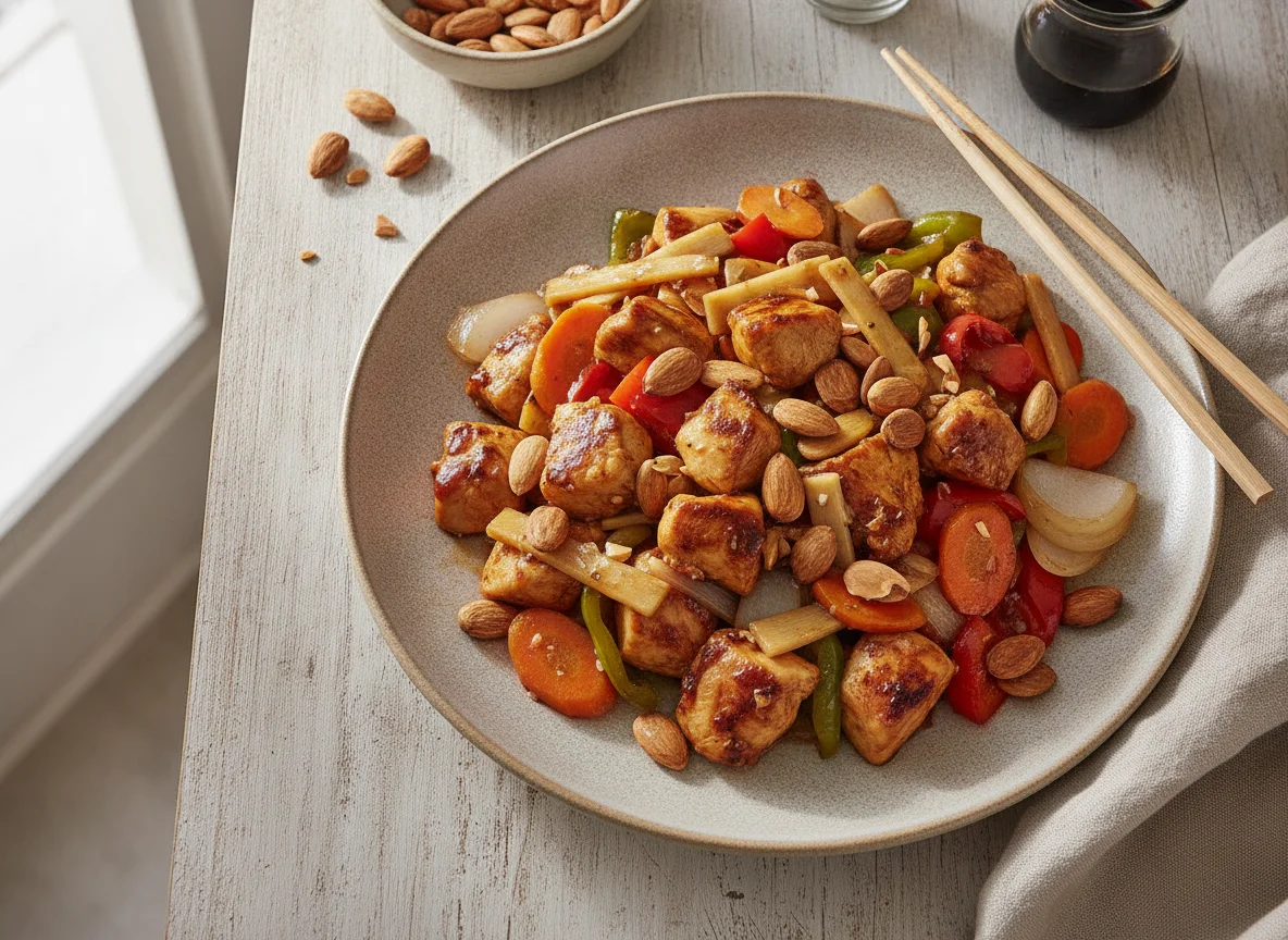 Pollo con almendras y verduras photo