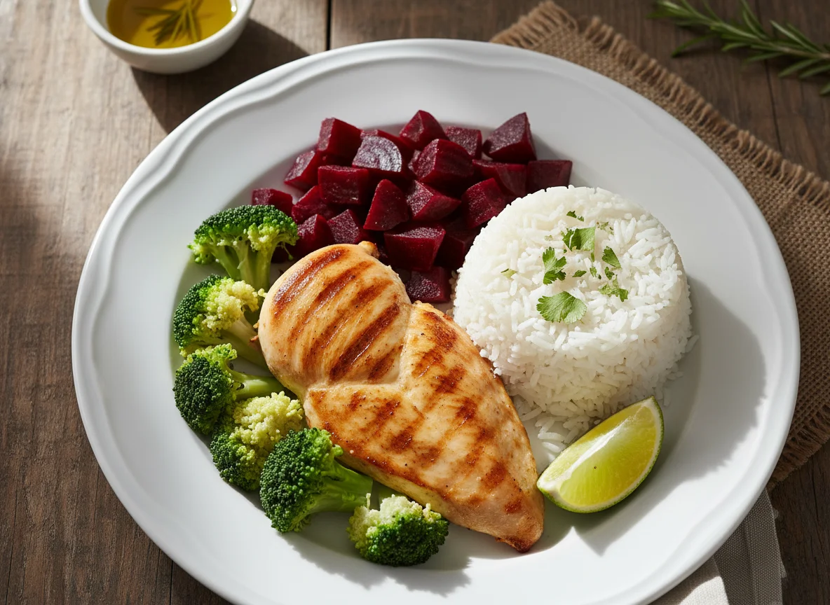 Pollo con arroz, brócoli y betabel photo