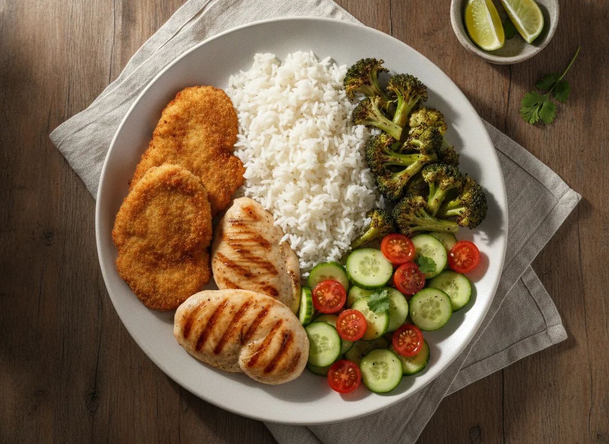 Pollo con arroz, brócoli y ensalada photo