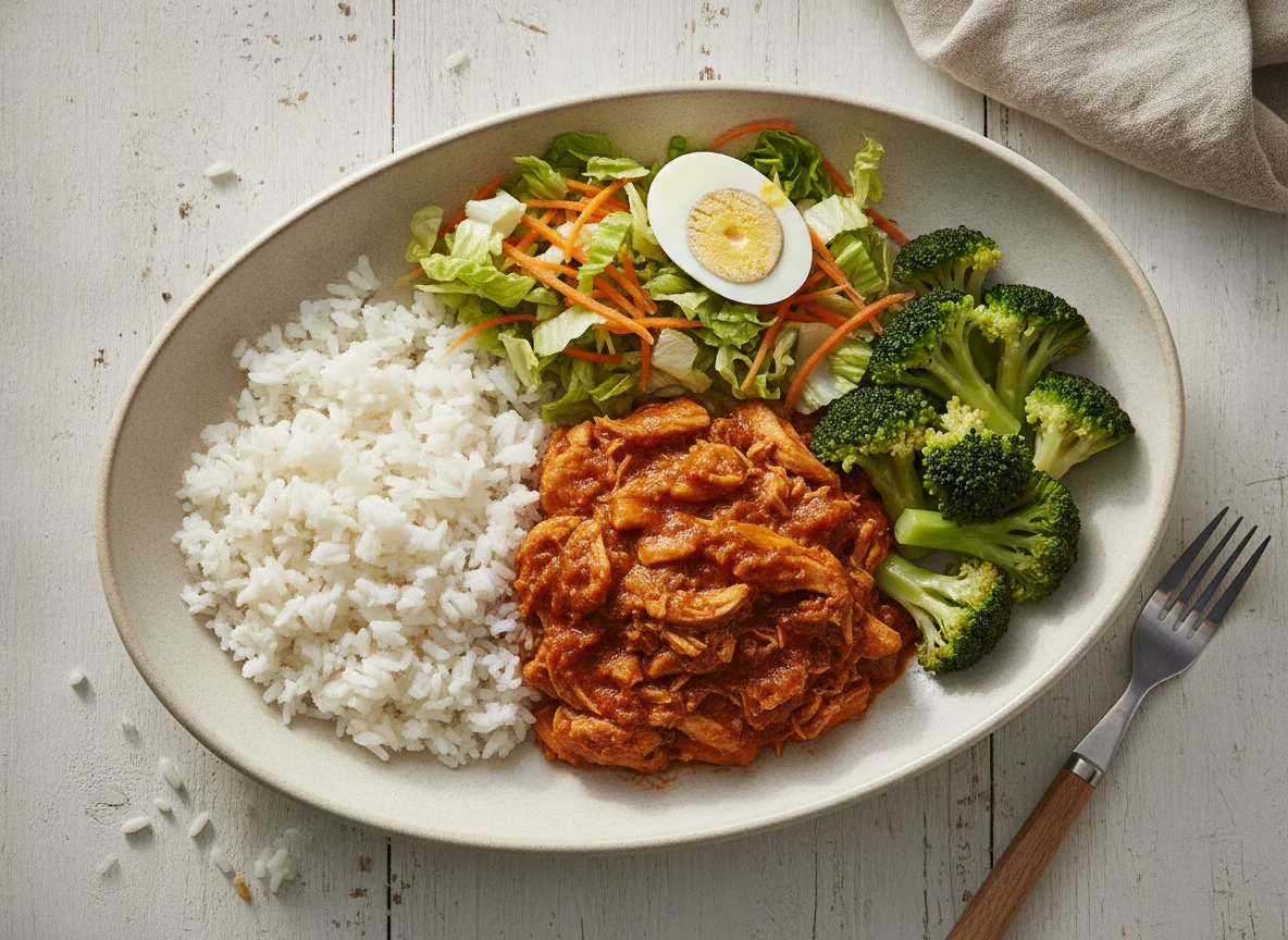 Pollo con arroz, brócoli y ensalada rallada photo