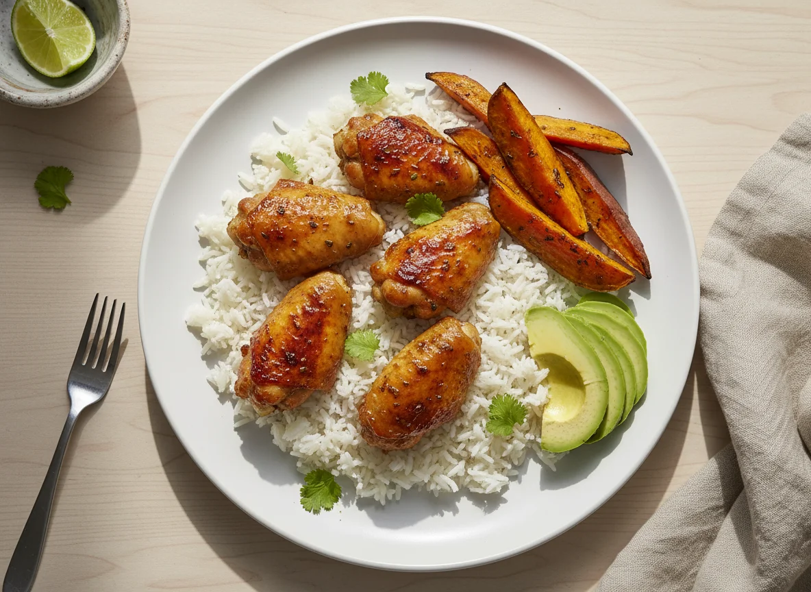 Pollo con arroz, camote y aguacate photo