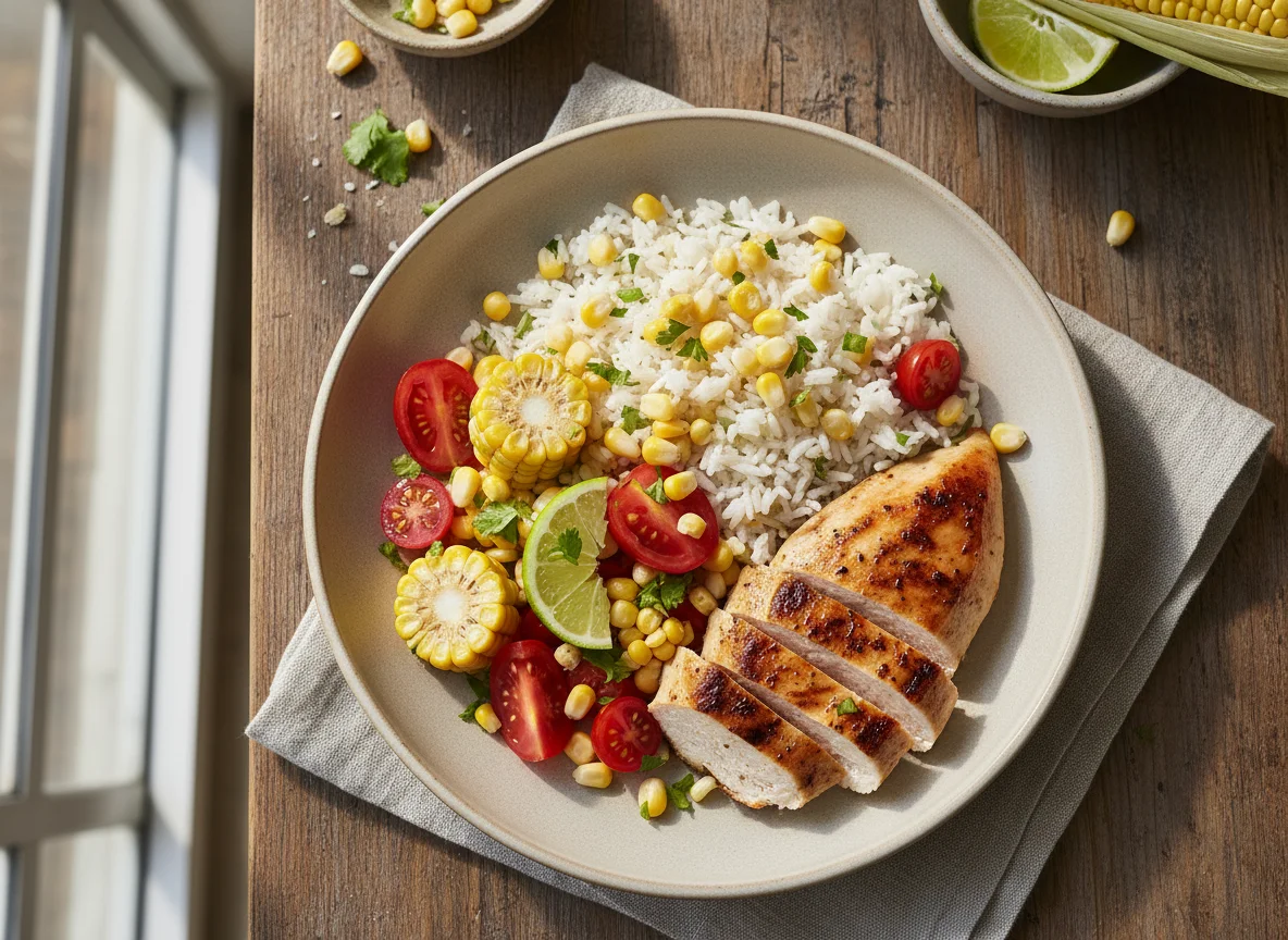 Pollo con arroz, choclo y tomate photo