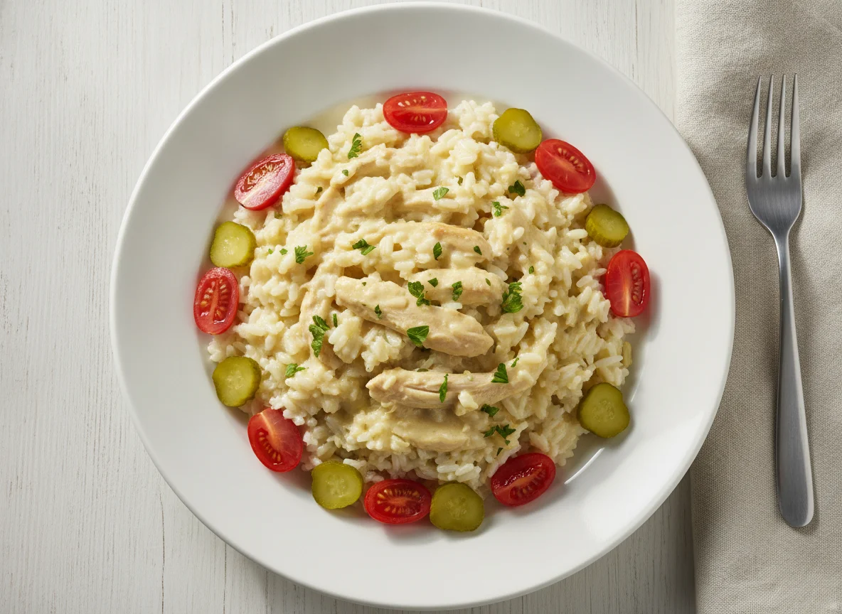 Pollo con arroz cremoso y guarnición de vegetales photo