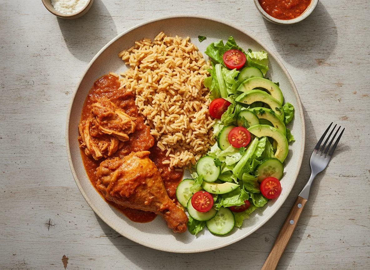 Pollo con arroz de fideos y ensalada photo