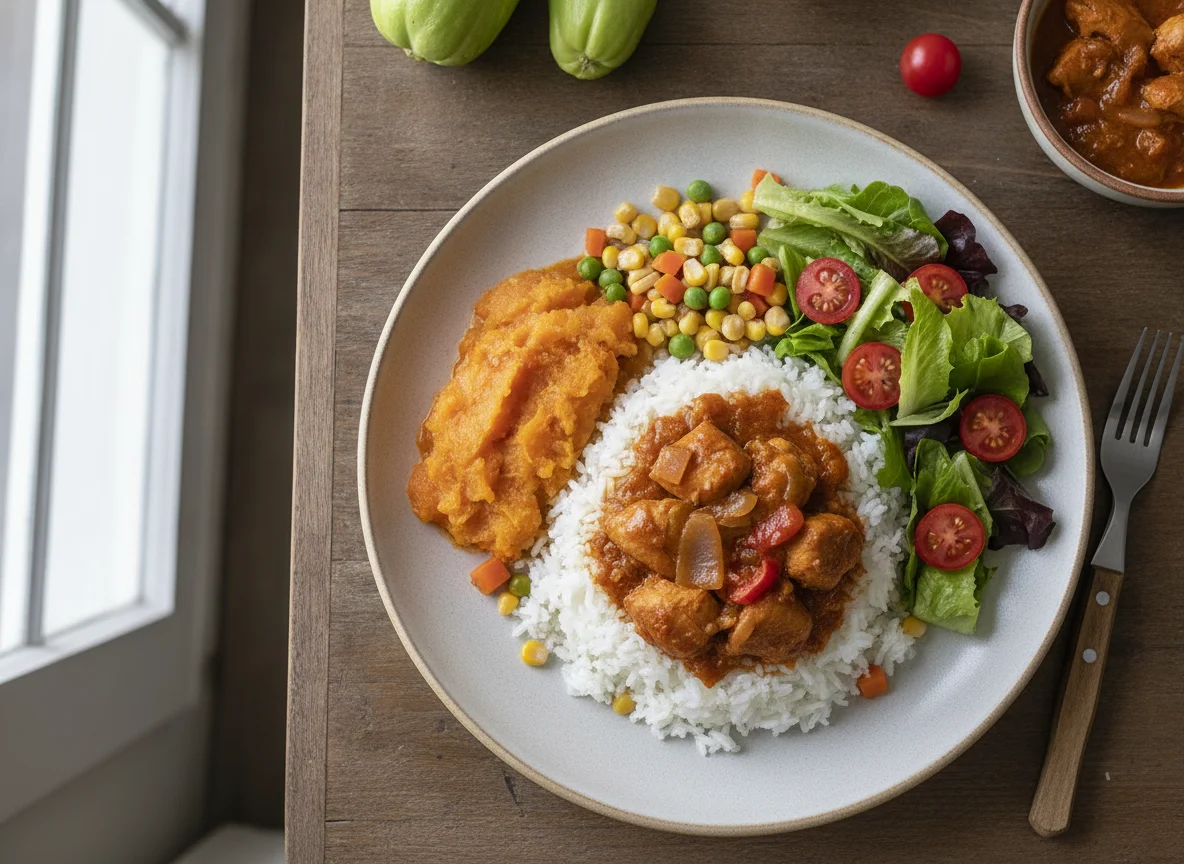 Pollo con arroz, ensalada y ayote photo