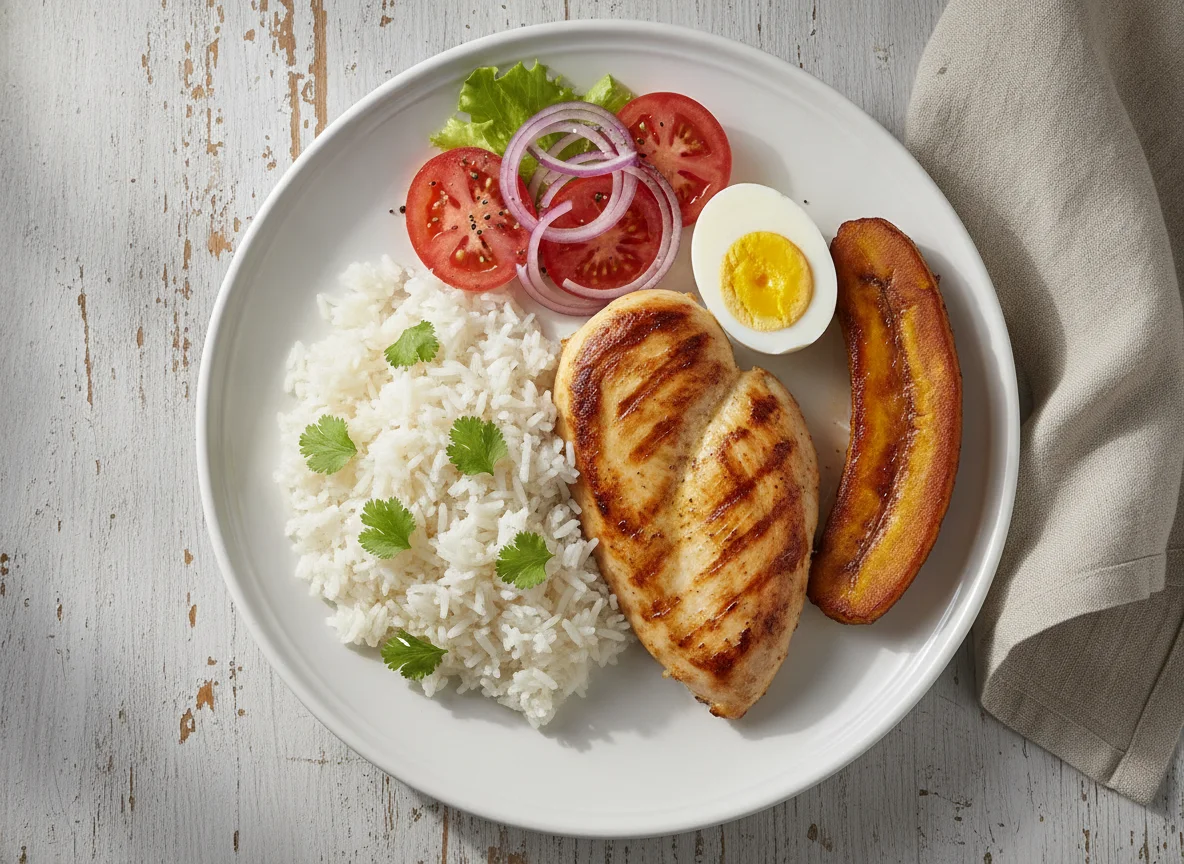 Pollo con arroz, huevo, plátano y ensalada photo