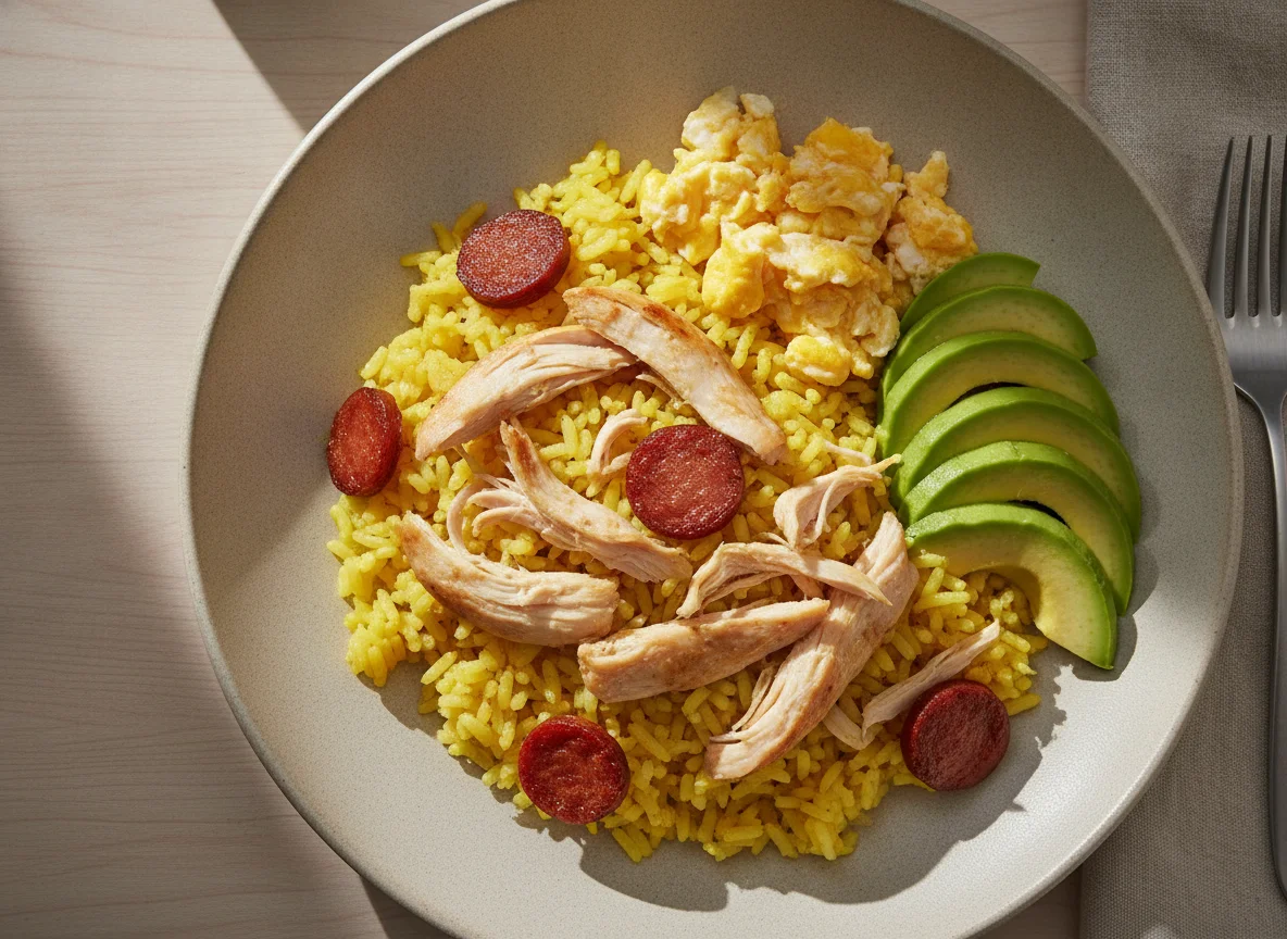 Pollo con arroz, huevo y aguacate photo