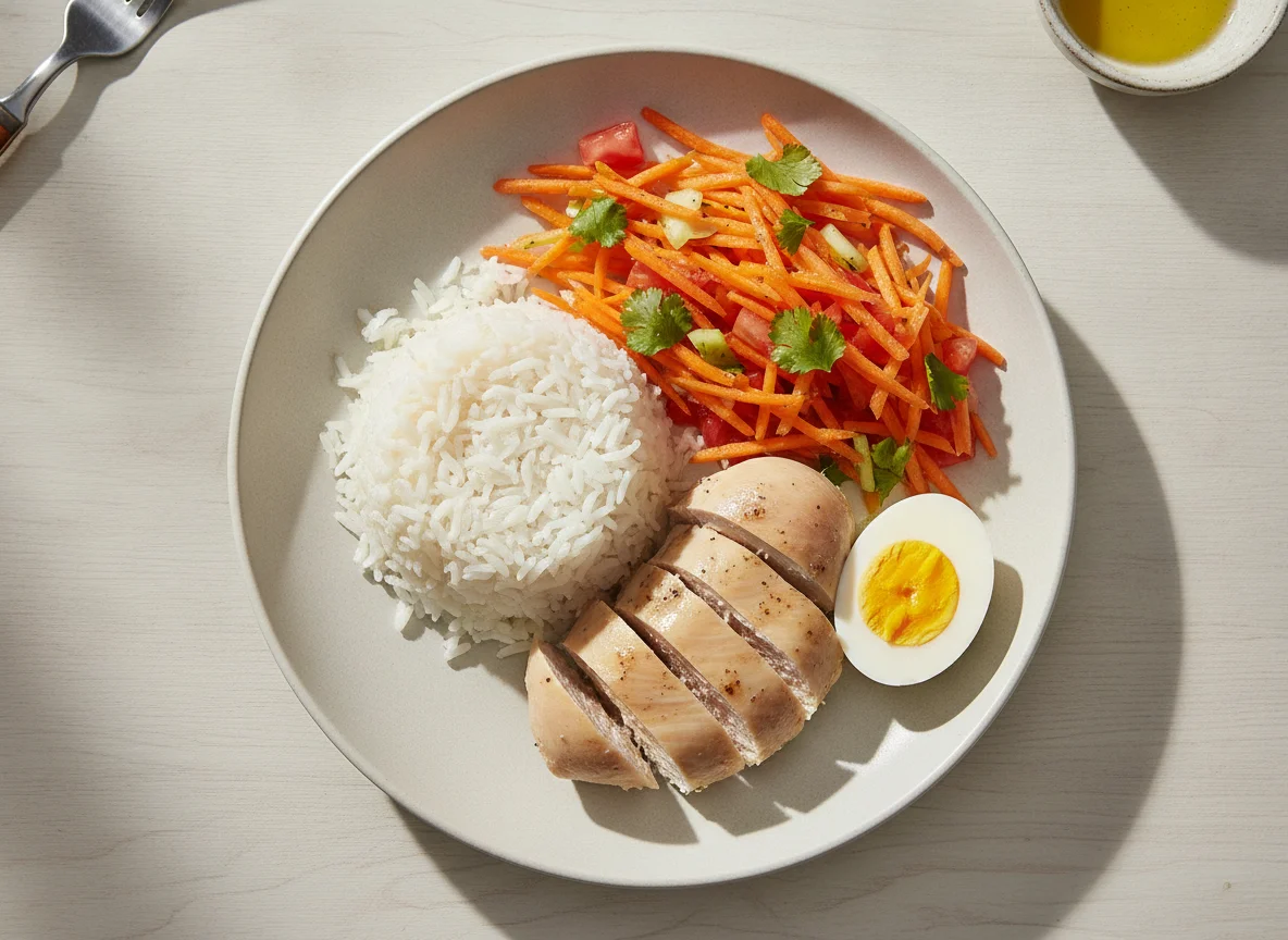 Pollo con arroz, huevo y ensalada photo