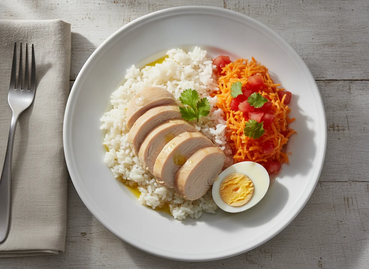 Pollo con arroz, huevo y ensalada de zanahoria photo