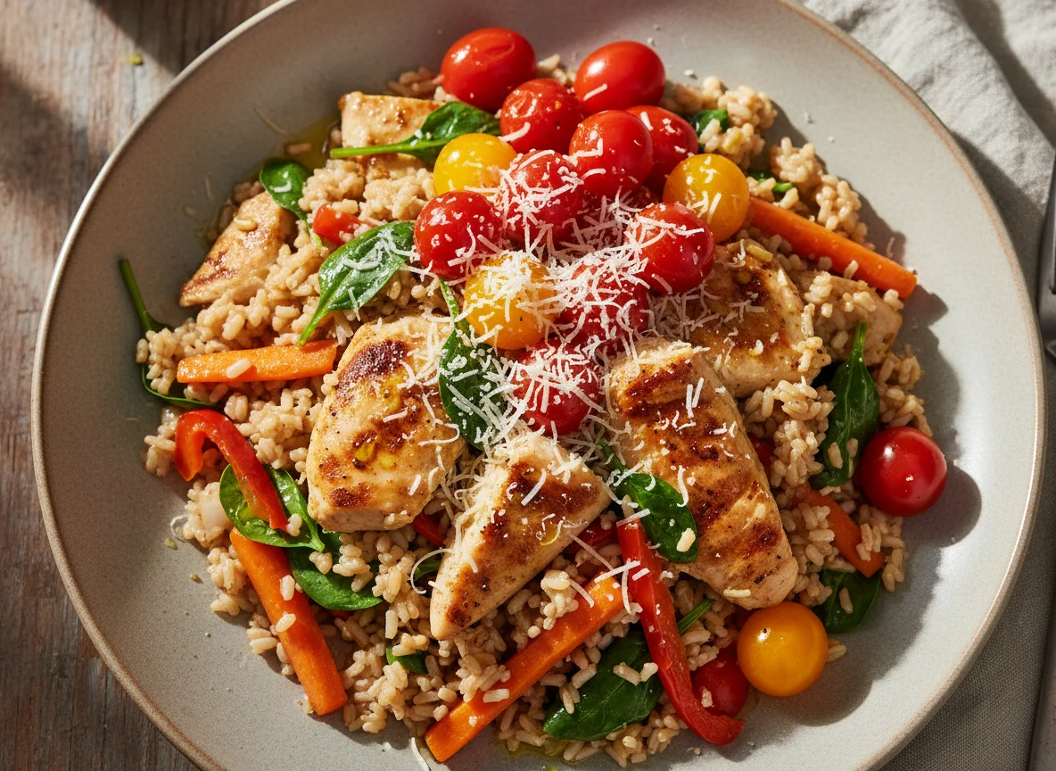 Pollo con arroz integral y vegetales photo