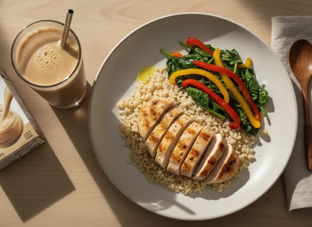 Pollo con arroz integral y verduras acompañado de batido de proteínas photo