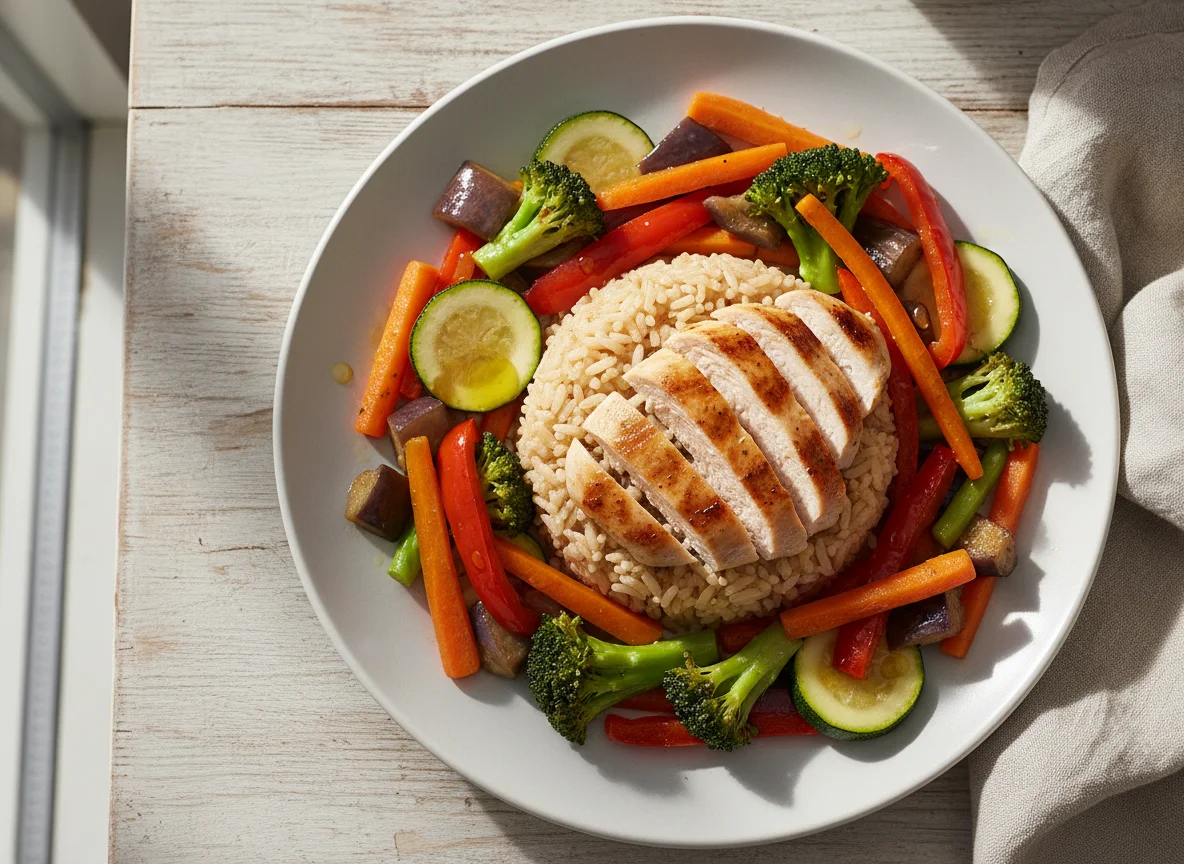 Pollo con arroz integral y verduras salteadas photo