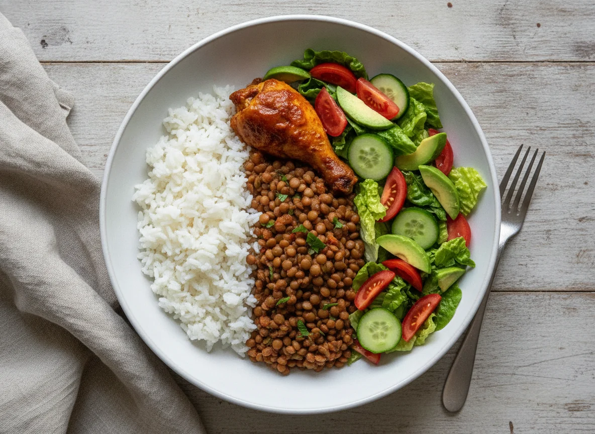 Pollo con arroz, lentejas y ensalada photo