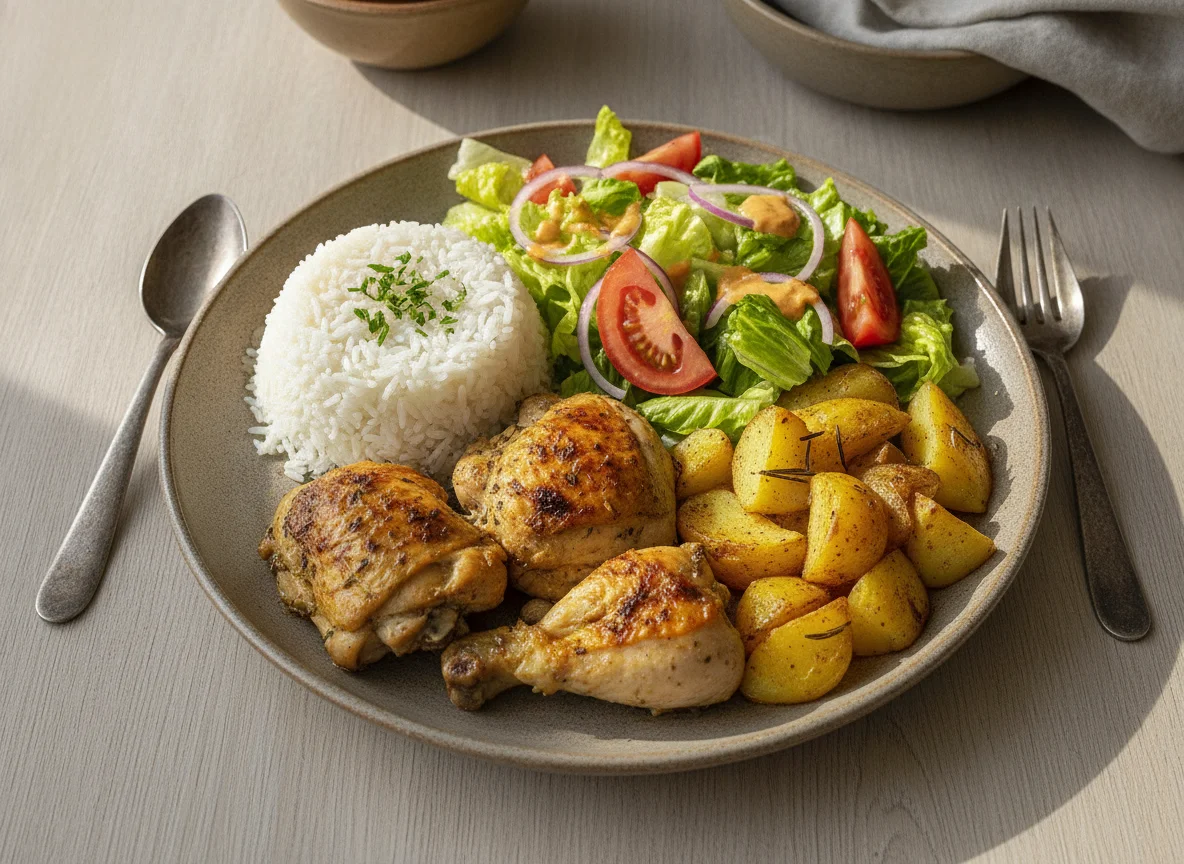 Pollo con arroz, patatas y ensalada mixta photo