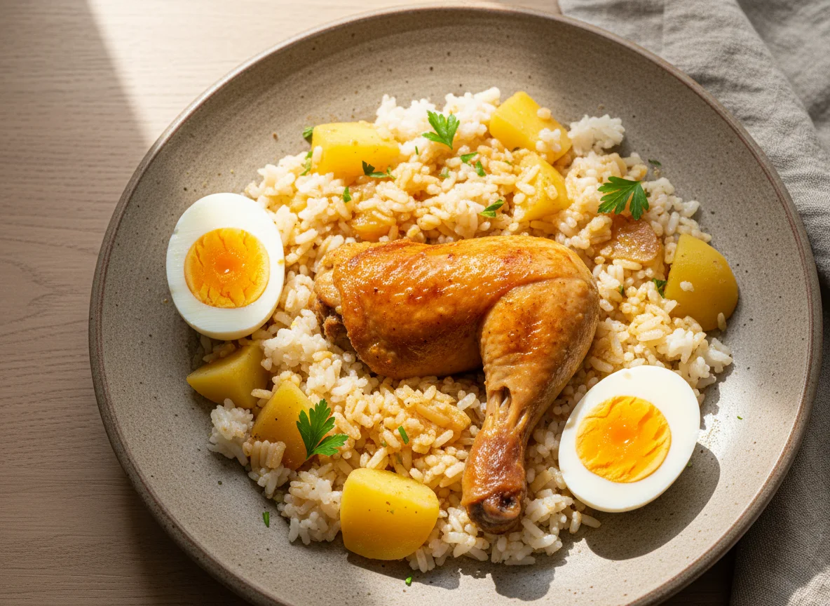 Pollo con arroz, patatas y huevos cocidos photo