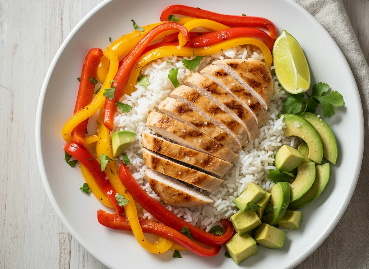 Pollo con arroz, pimientos y aguacate photo