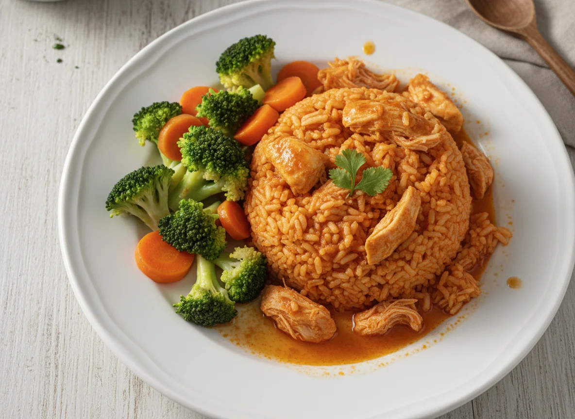 Pollo con arroz rojo y verduras al vapor photo