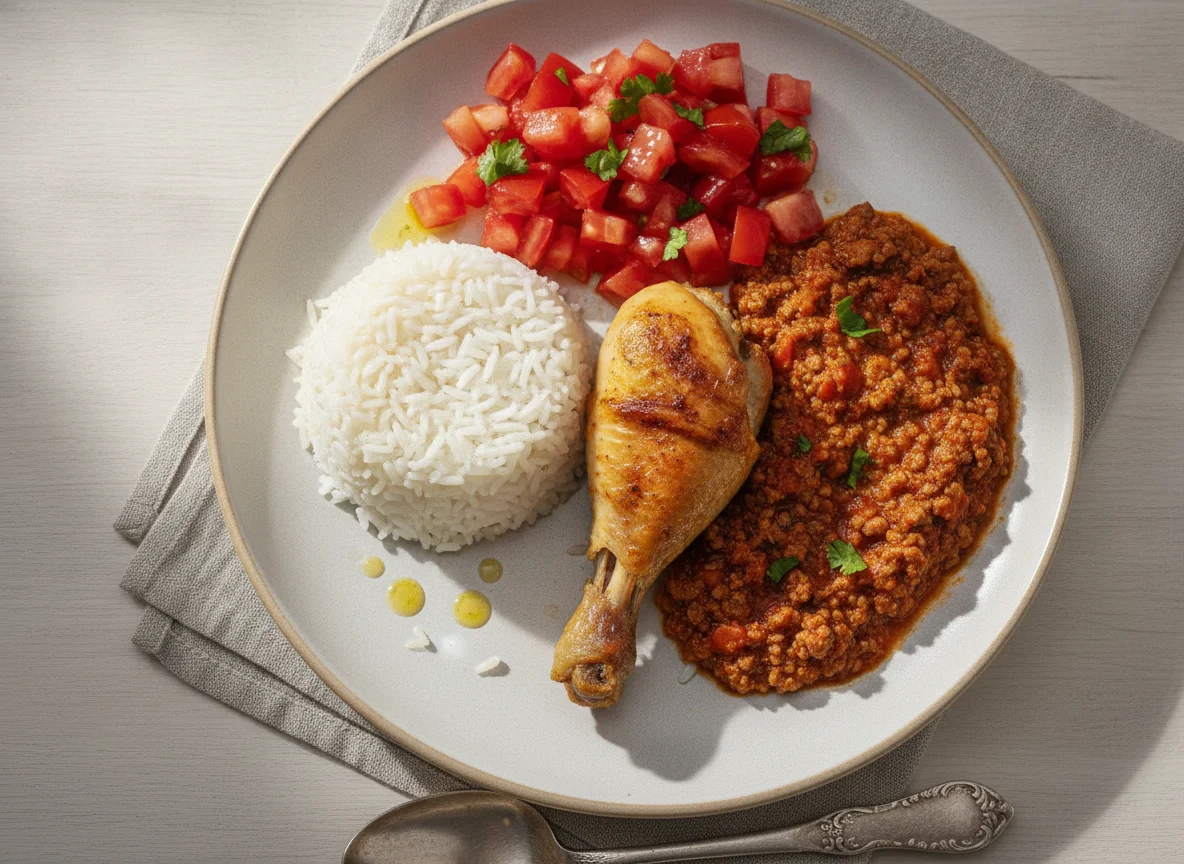 Pollo con arroz, salsa de tomate y ensalada de tomate photo
