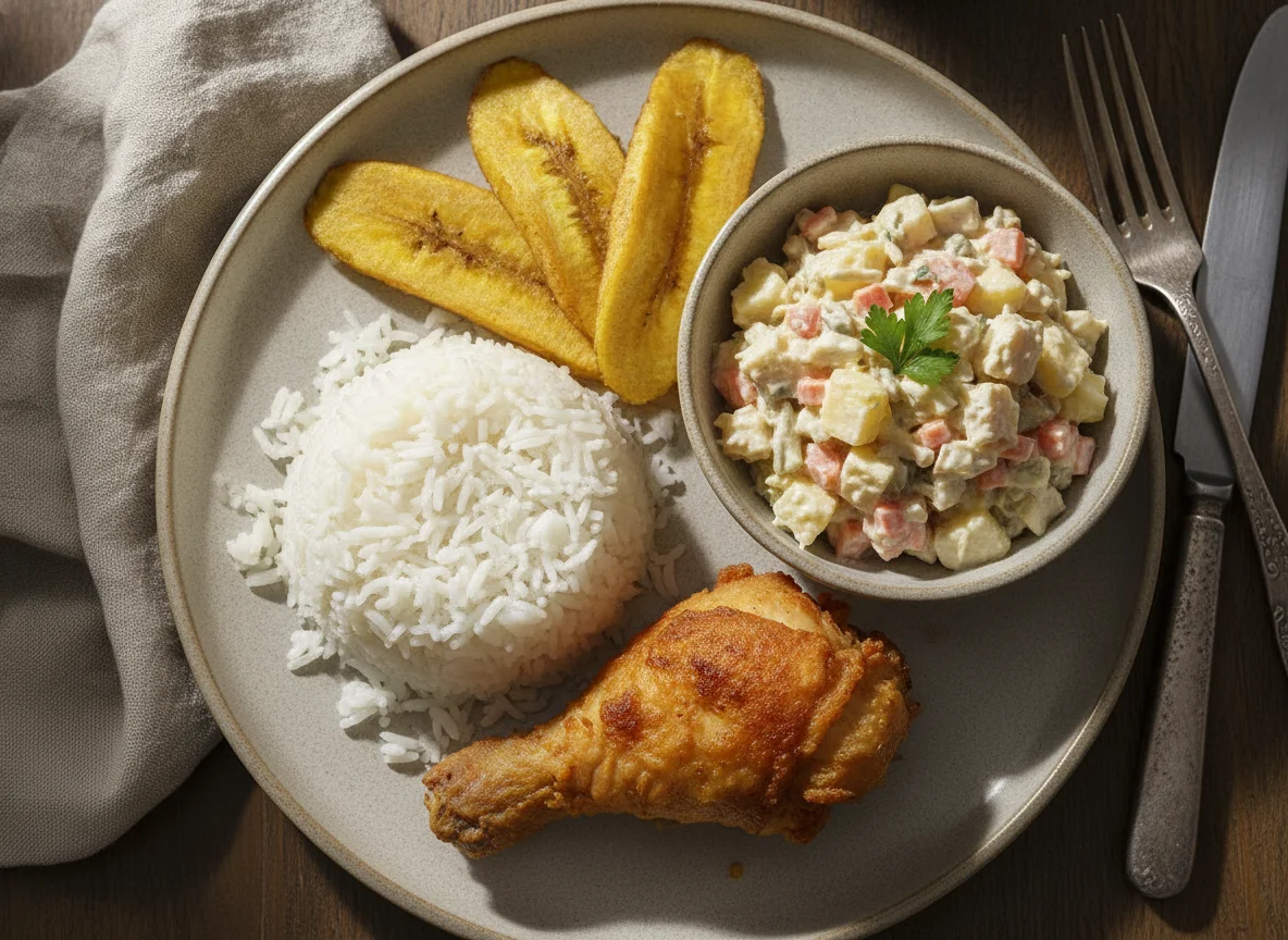 Pollo con arroz, tajadas y ensalada de gallina photo