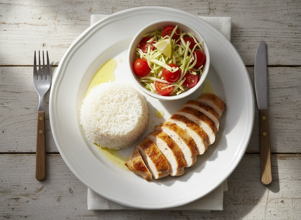 Pollo con arroz, tomate y ensalada de repollo photo