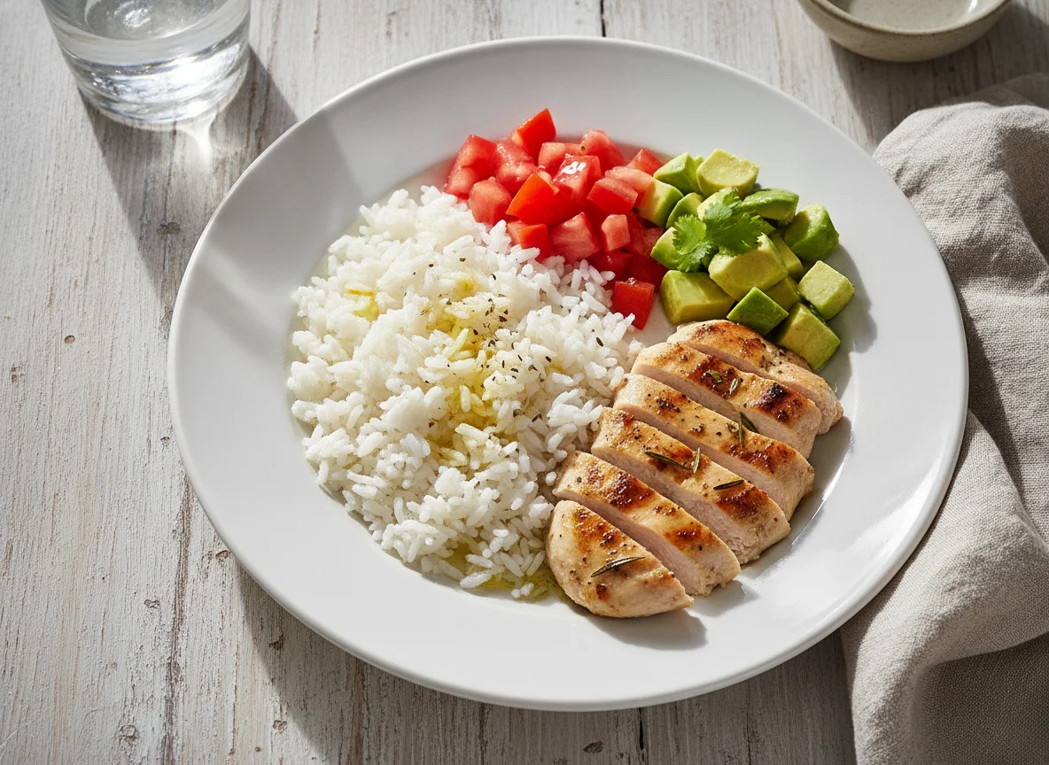 Pollo con arroz, tomate y palta photo