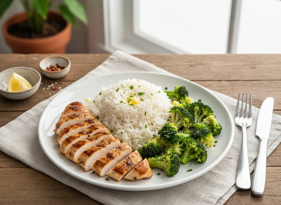 Pollo con arroz y brócoli photo