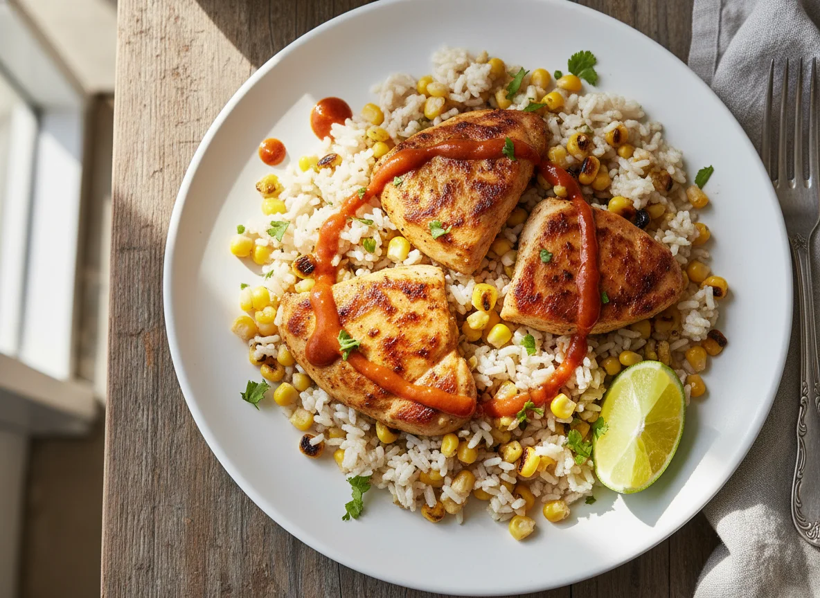 Pollo con arroz y elote photo