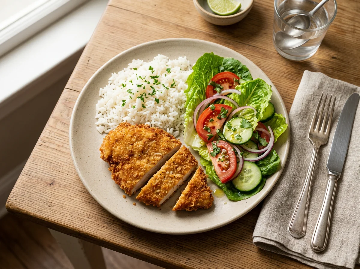 Pollo con arroz y ensalada photo
