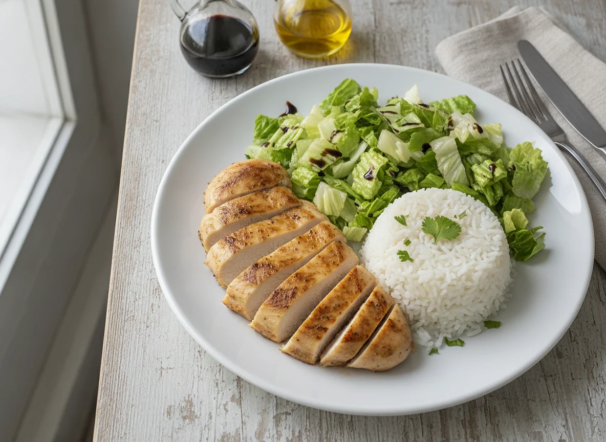 Pollo con arroz y ensalada de lechuga photo