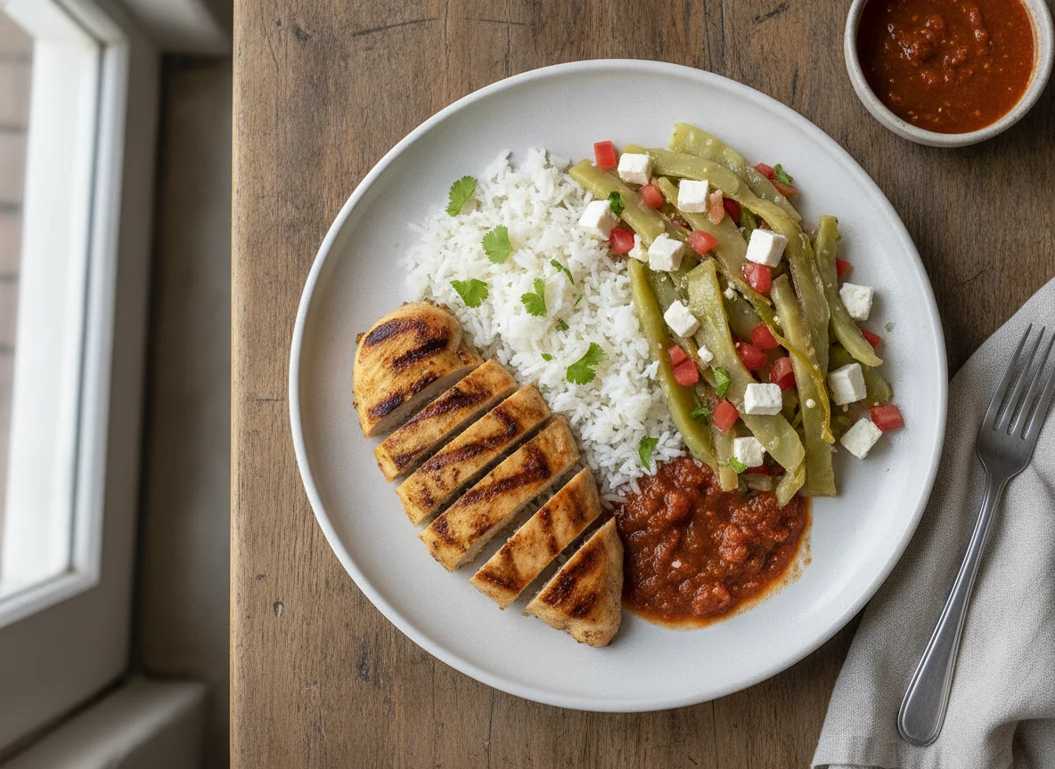 Pollo con arroz y ensalada de nopales photo
