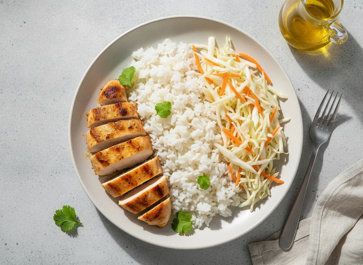 Pollo con arroz y ensalada de repollo y zanahoria photo