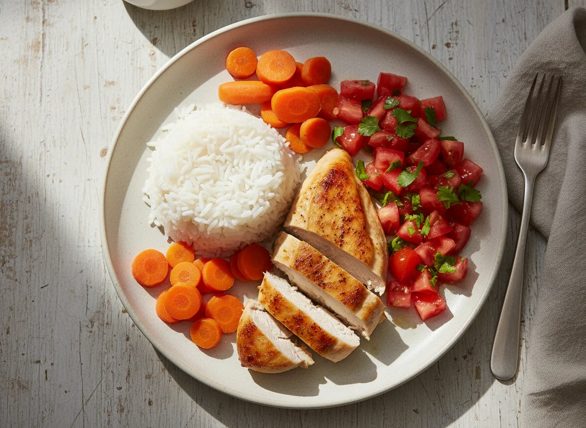 Pollo con arroz y ensalada de tomate photo