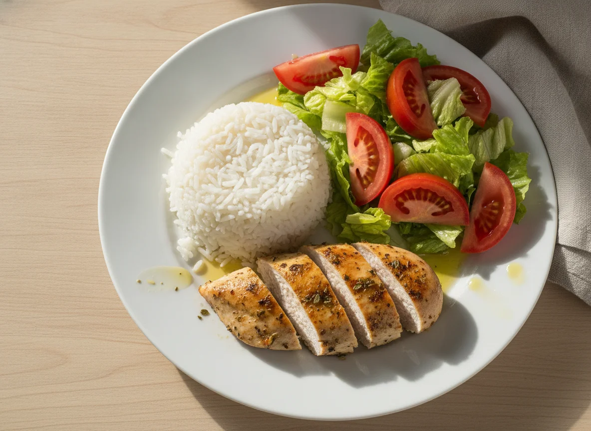 Pollo con arroz y ensalada mixta photo