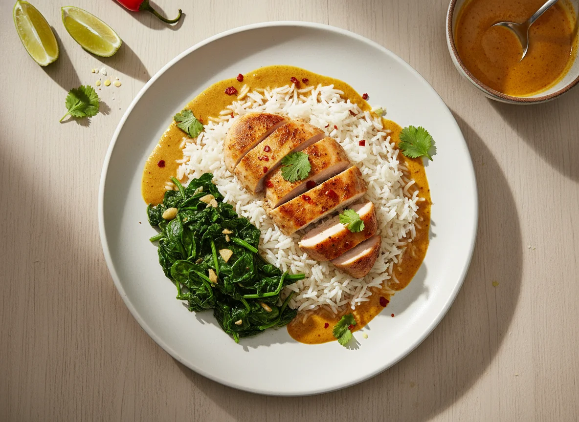 Pollo con arroz y espinacas photo
