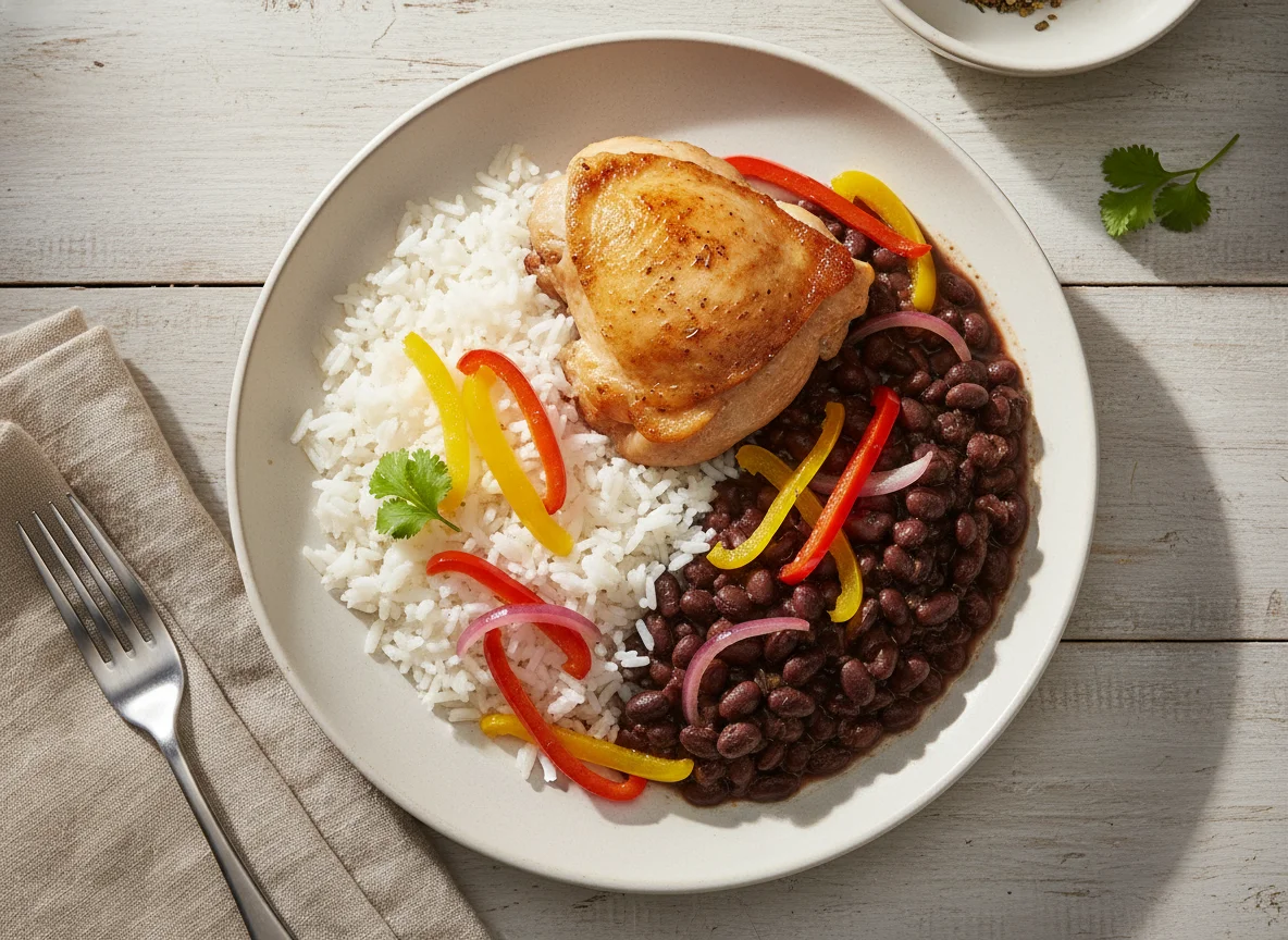 Pollo con arroz y frijoles negros photo