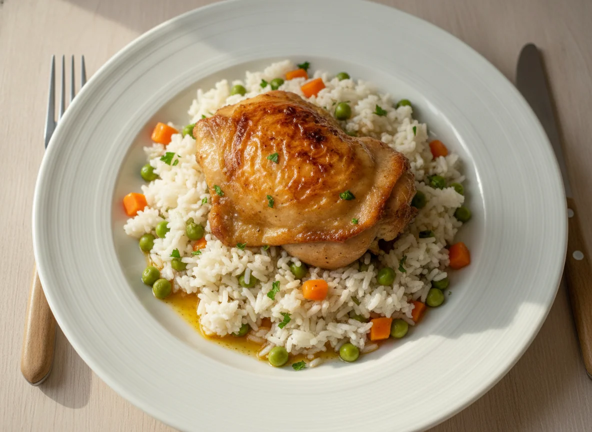 Pollo con arroz y guisantes photo