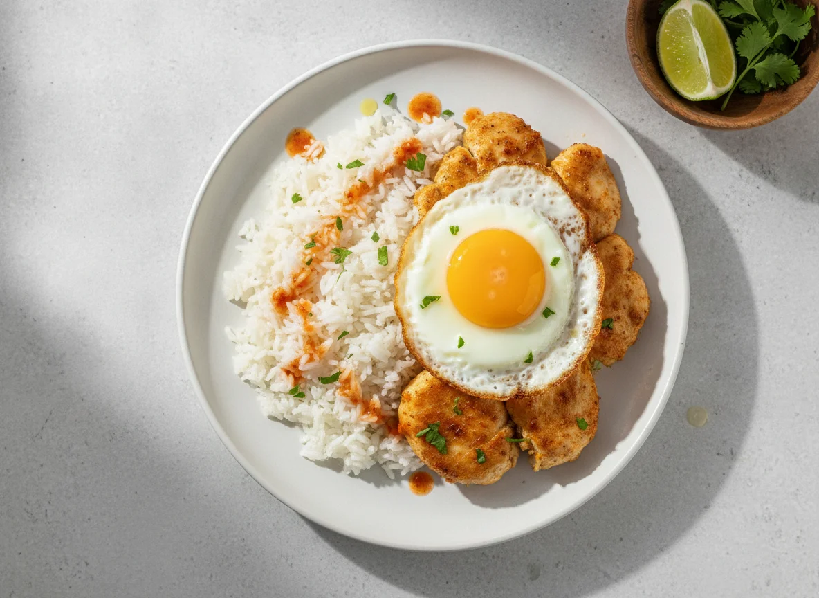 Pollo con arroz y huevo frito photo