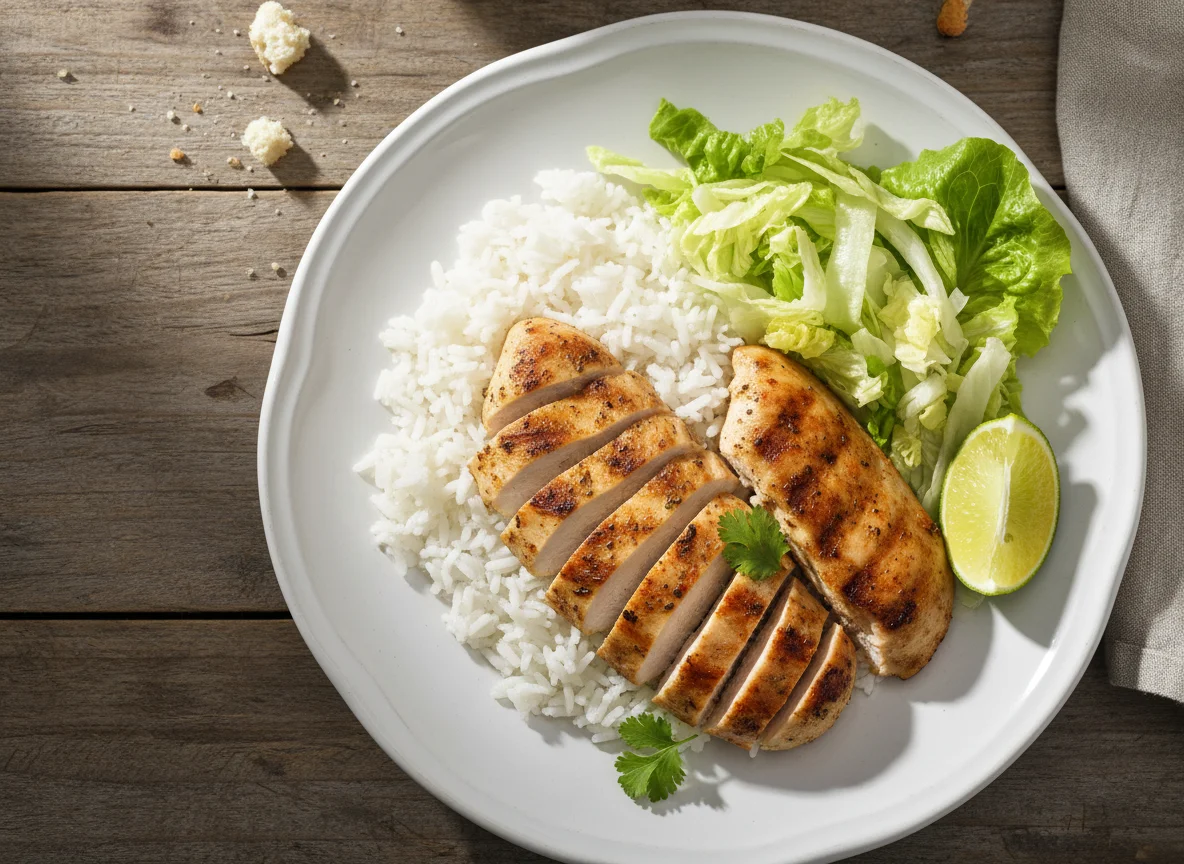 Pollo con arroz y lechuga photo