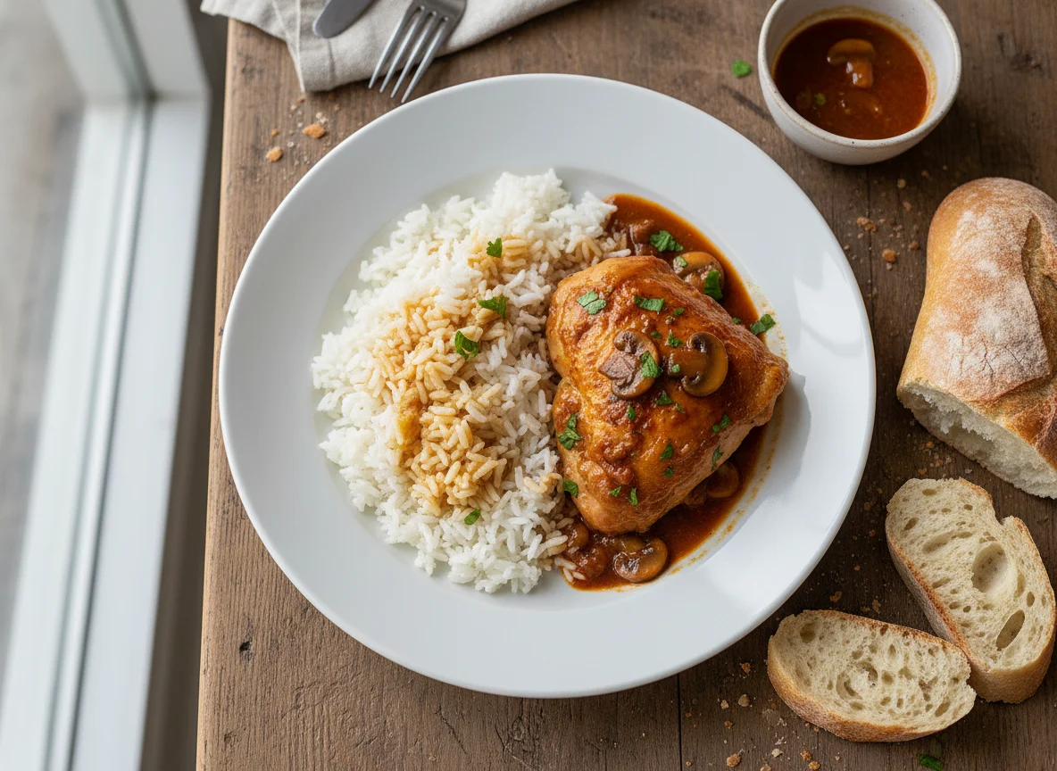 Pollo con arroz y pan photo