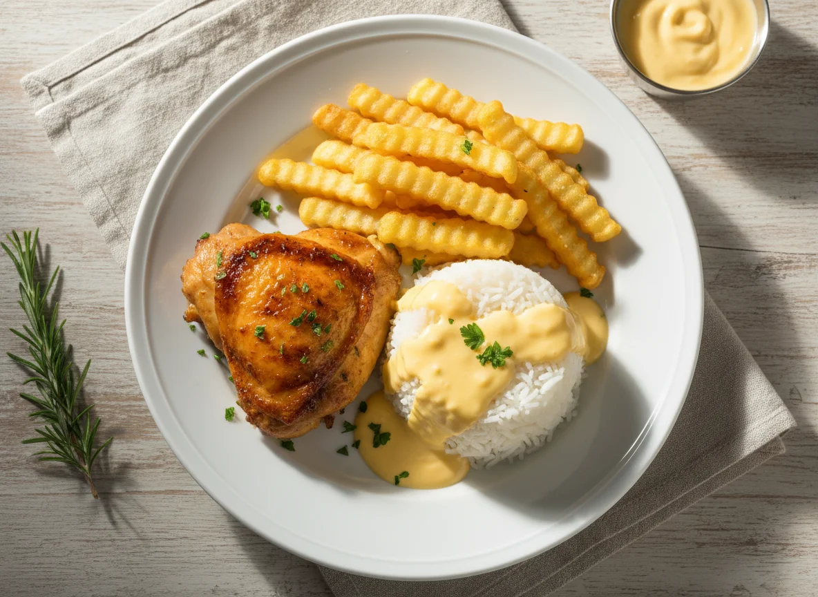 Pollo con arroz y papas fritas photo