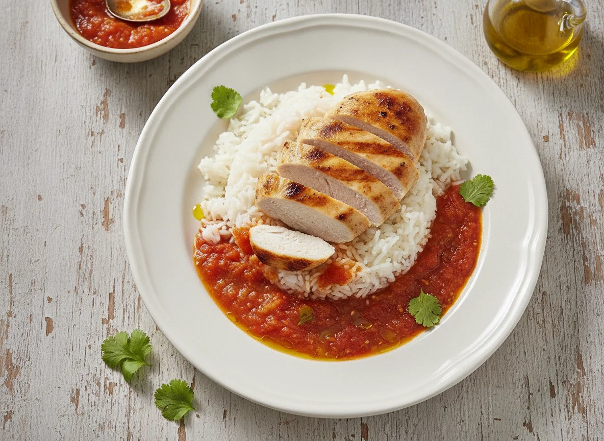 Pollo con arroz y salsa de tomate photo