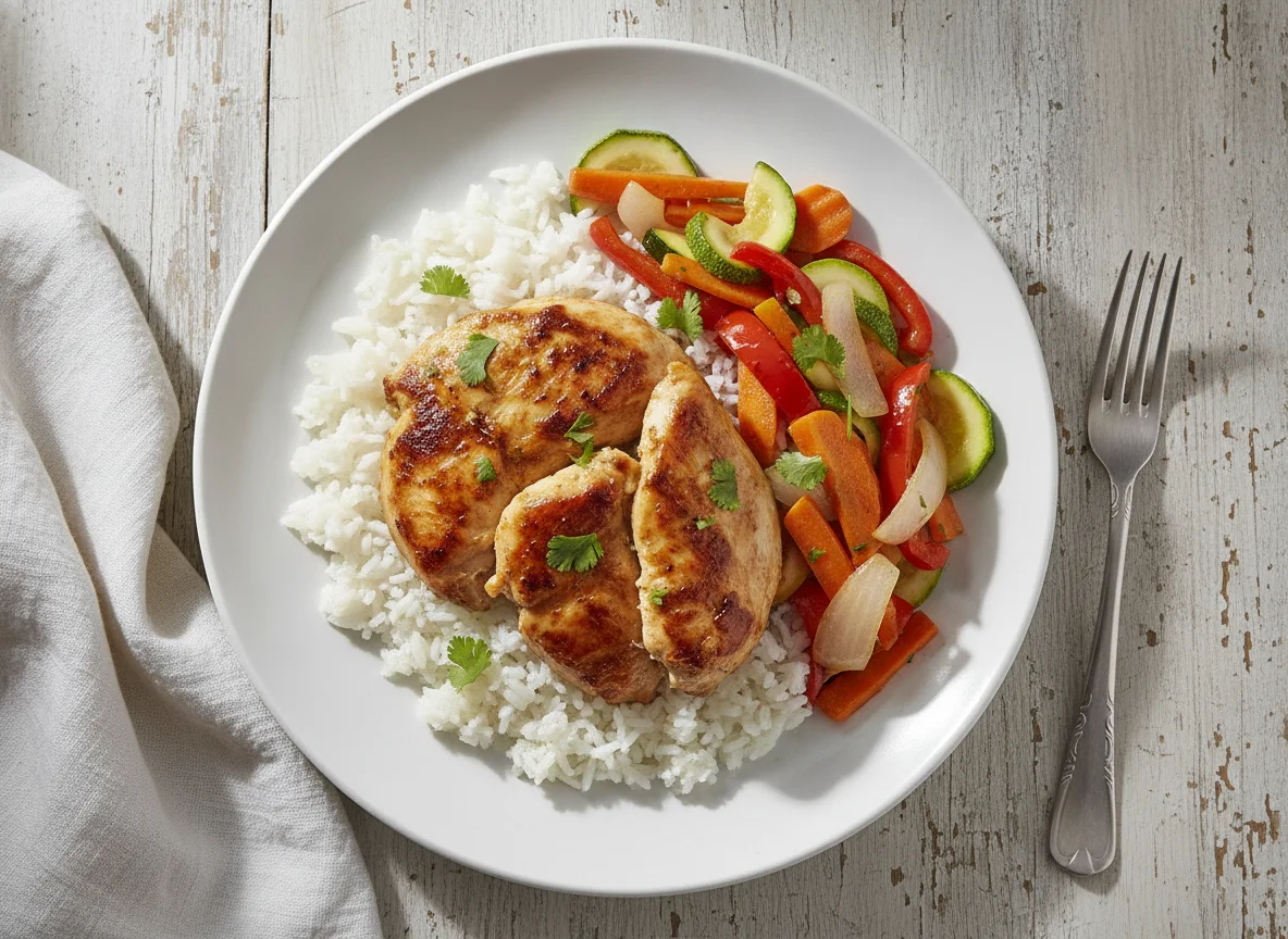 Pollo con arroz y salteado de vegetales photo