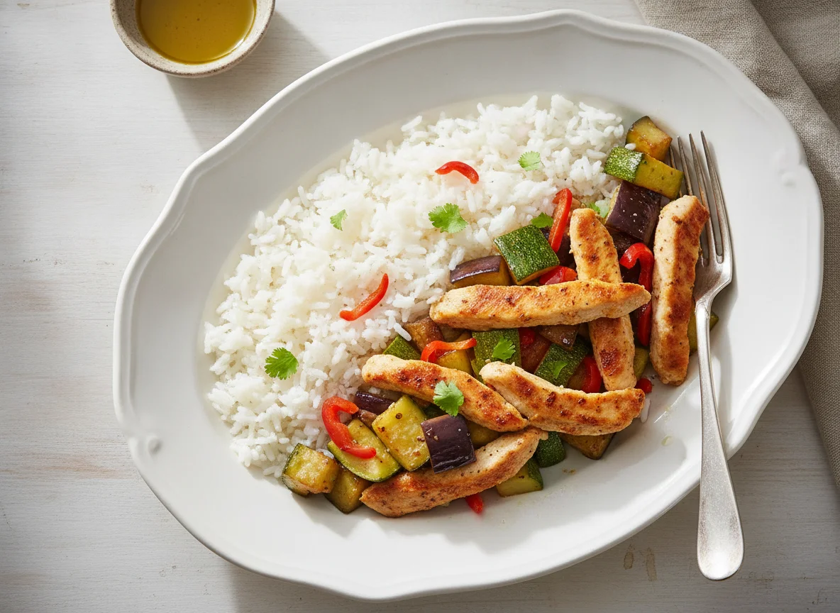 Pollo con arroz y vegetales salteados photo