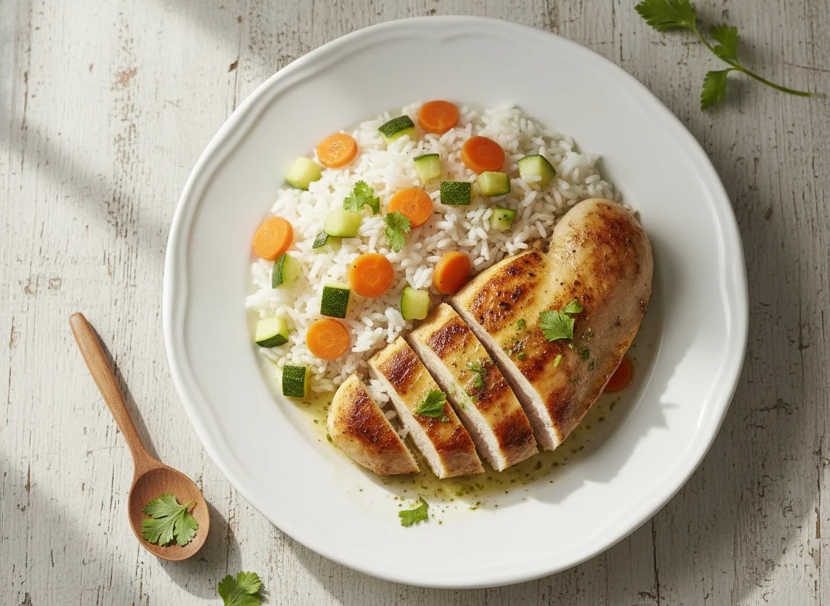 Pollo con arroz y zapallo italiano photo