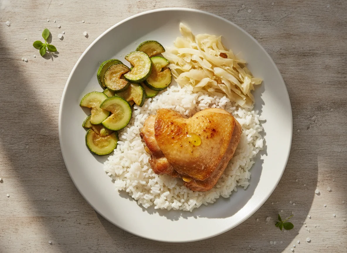 Pollo con arroz, zapallito italiano y repollo photo