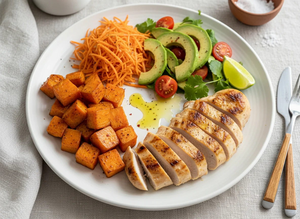 Pollo con batata y ensalada de aguacate photo
