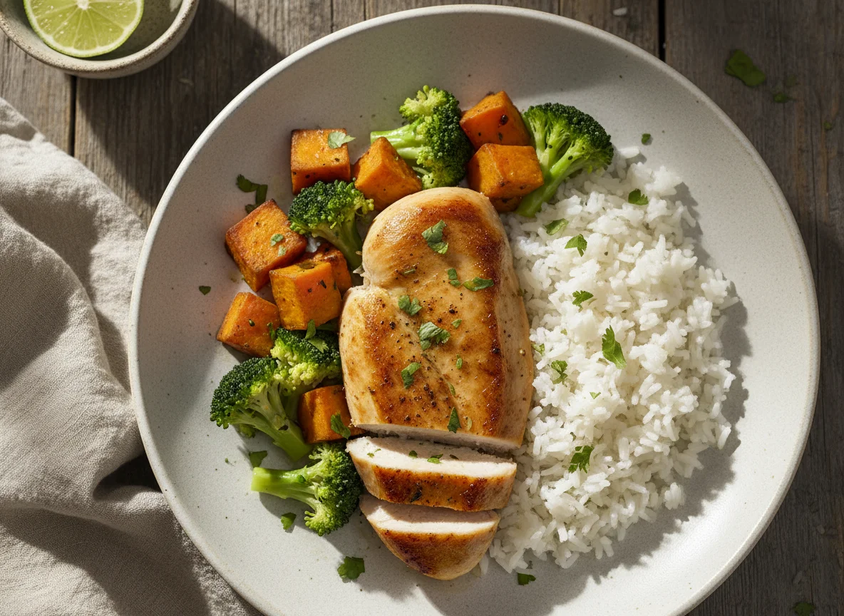 Pollo con boniato, brócoli y arroz photo