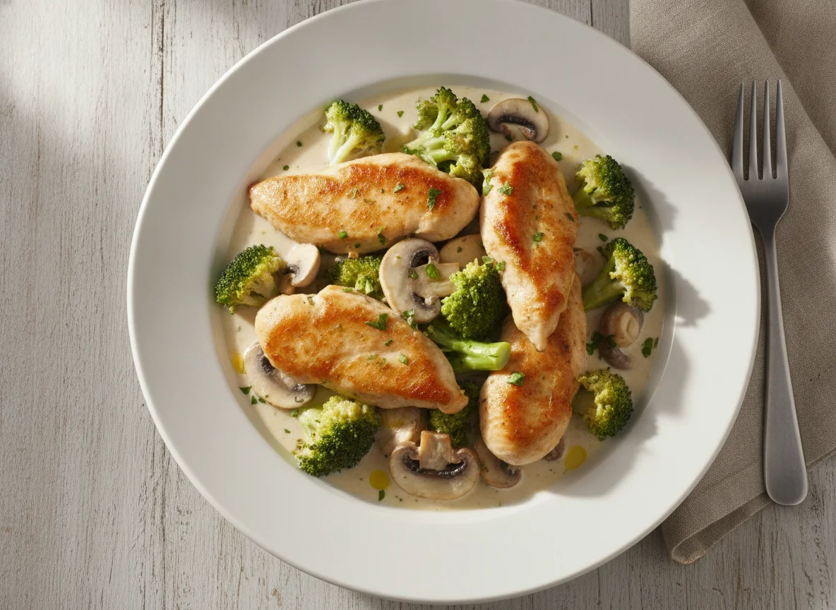 Pollo con brócoli, champiñones y salsa de leche photo