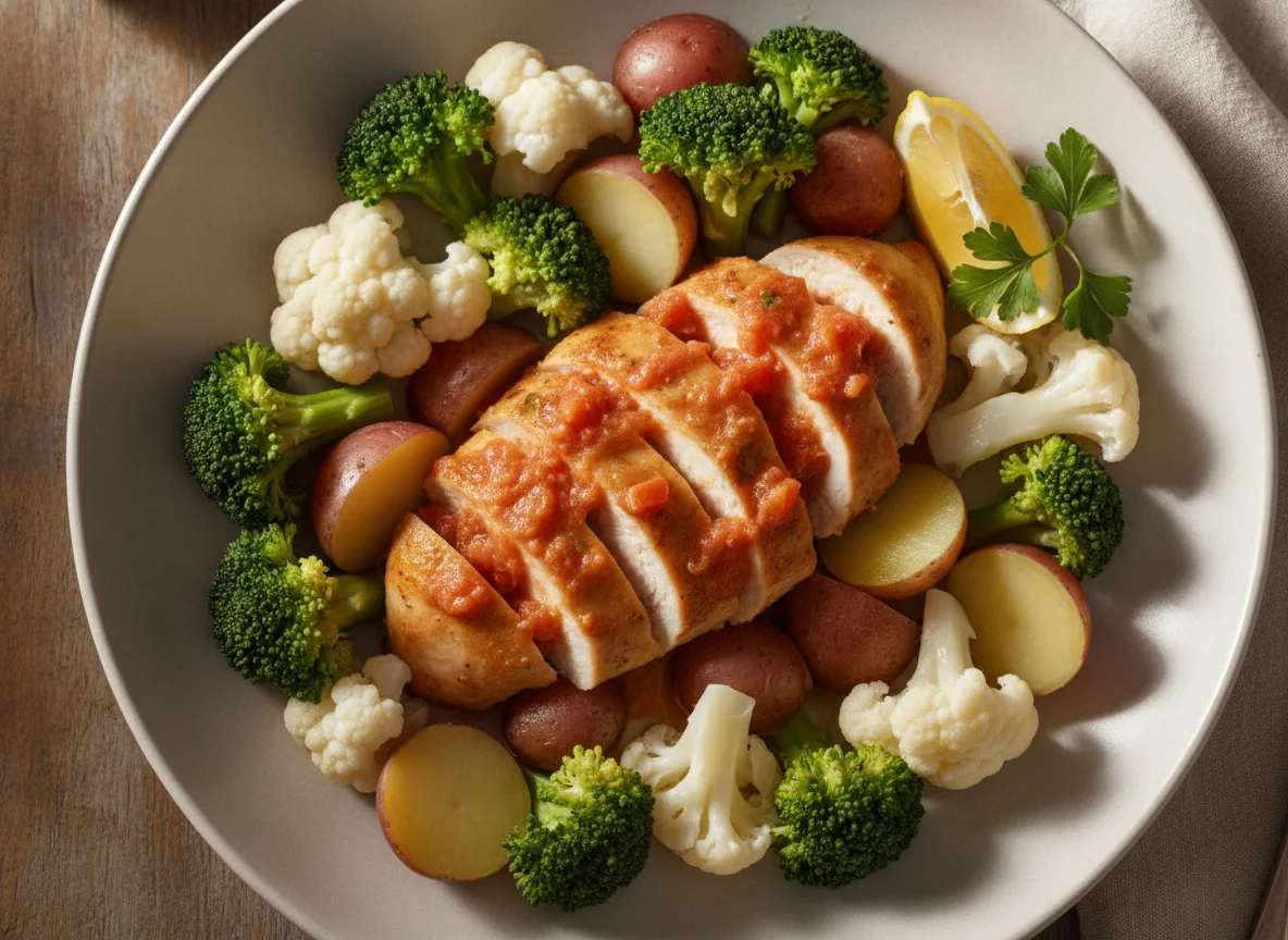 Pollo con brócoli, coliflor y papas rojas photo
